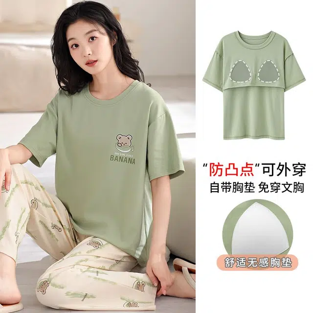 俏韵 圆领卡通夏季款舒适纯棉短袖长裤带胸垫甜美薄款凉感家居服可外穿睡衣套装 女款