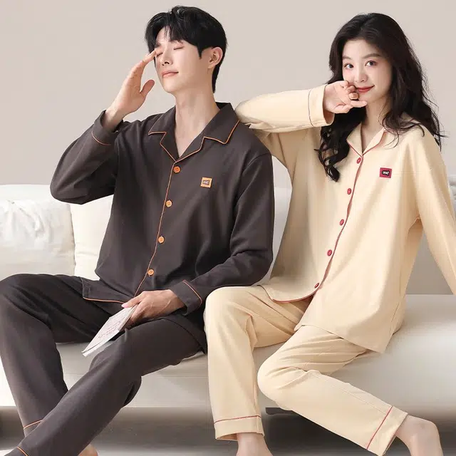 俏韵 翻领春秋季纯棉简约纯色长袖长裤甜美舒适休闲家居服可外穿睡衣套装 男女同款