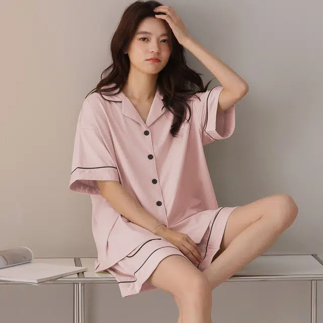 俏韵 翻领夏季纯棉舒适简约短袖甜美可爱薄款家居服可外穿睡衣套装 女款