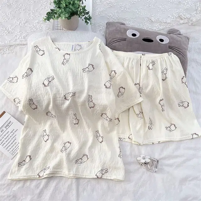 俏韵 圆领卡通兔子夏季云朵棉甜美可爱短袖短裤舒适薄款家居服可外穿睡衣套装 女款