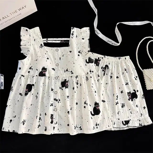 俏韵 卡通小黑猫休闲简约吊带短裤少女家居服睡衣套装 女款