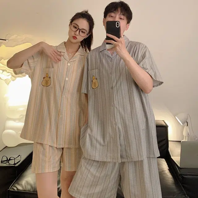 俏韵 翻领卡通短袖卡皮巴拉薄款家居服可外穿睡衣套装 男女同款