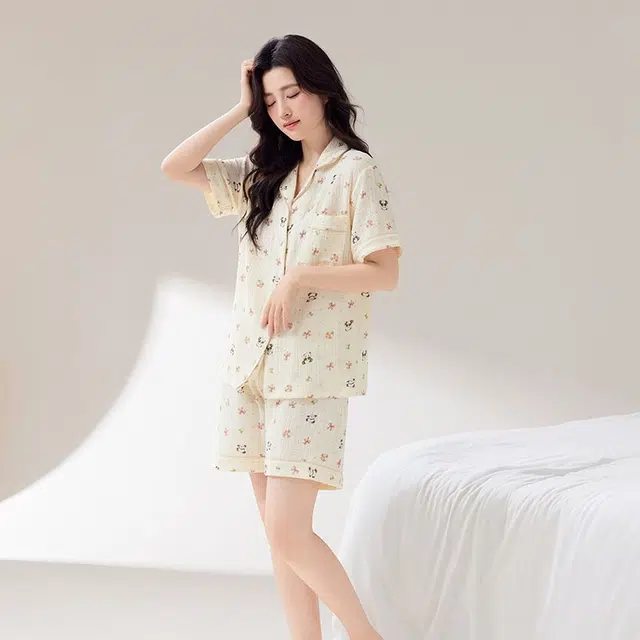 俏韵 翻领熊猫夏季纯棉甜美短袖短裤舒适薄款家居服可外穿睡衣套装 女款