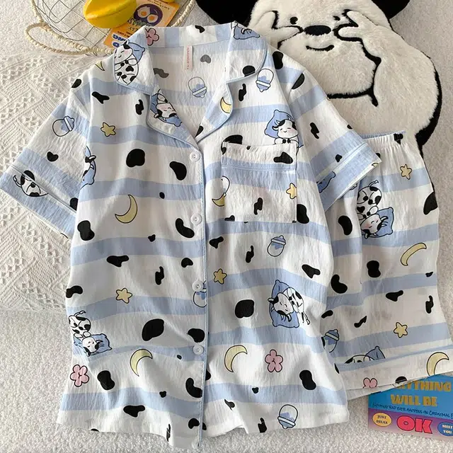 俏韵 翻领卡通夏季云朵棉可爱甜美短袖短裤薄款舒适家居服可外穿睡衣套装 女款