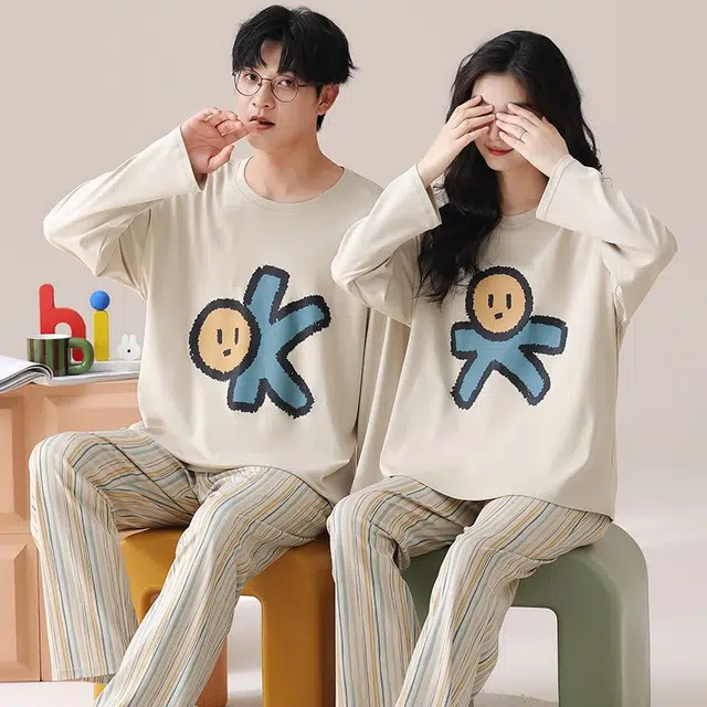 俏韵 圆领春秋季简约长袖长裤甜美舒适休闲高级家居服可外穿睡衣套装 男女同款