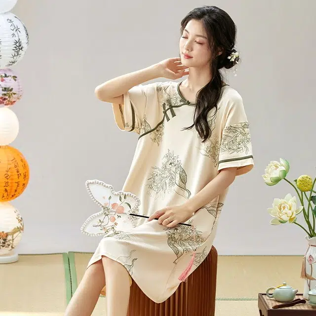 俏韵 圆领夏季短袖简约甜美国风中长款家居服可外穿睡裙 女款
