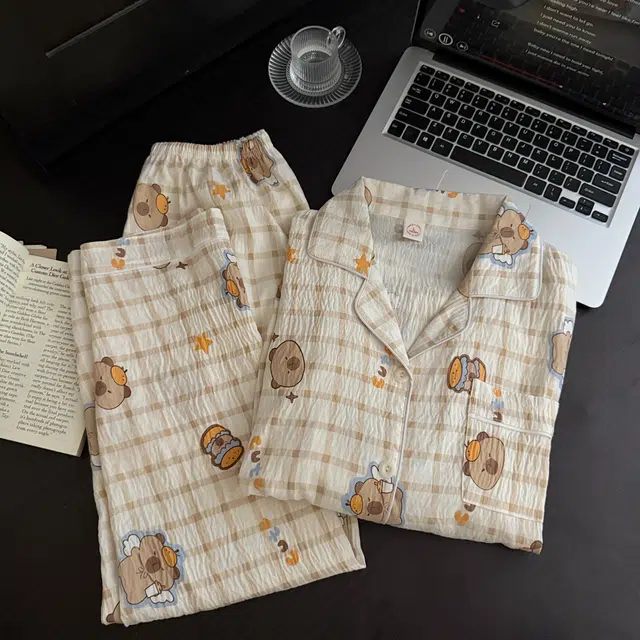 俏韵 翻领卡通卡皮巴拉春秋季云朵棉舒适长袖长裤甜美可爱薄款家居服可外穿睡衣套装 女款