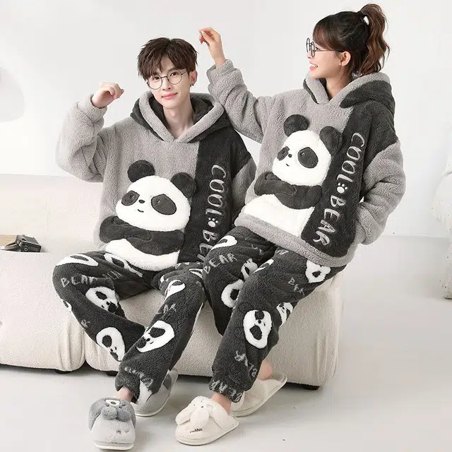 俏韵 连帽卡通熊猫冬季加绒保暖长袖长裤甜美印花可爱舒适家居服可外穿睡衣套装 男女同款