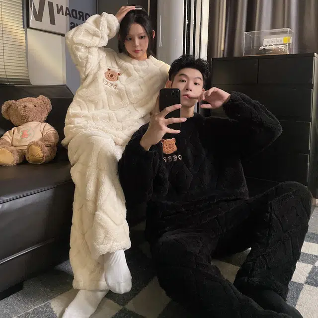 俏韵 简约亲肤舒适加厚卡通可爱小熊套头长袖休闲可外穿长裤睡衣套装 男女同款