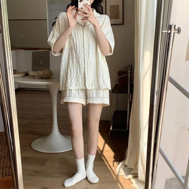 俏韵 翻领短袖甜美可爱家居服可外穿睡衣套装 女款 杏色