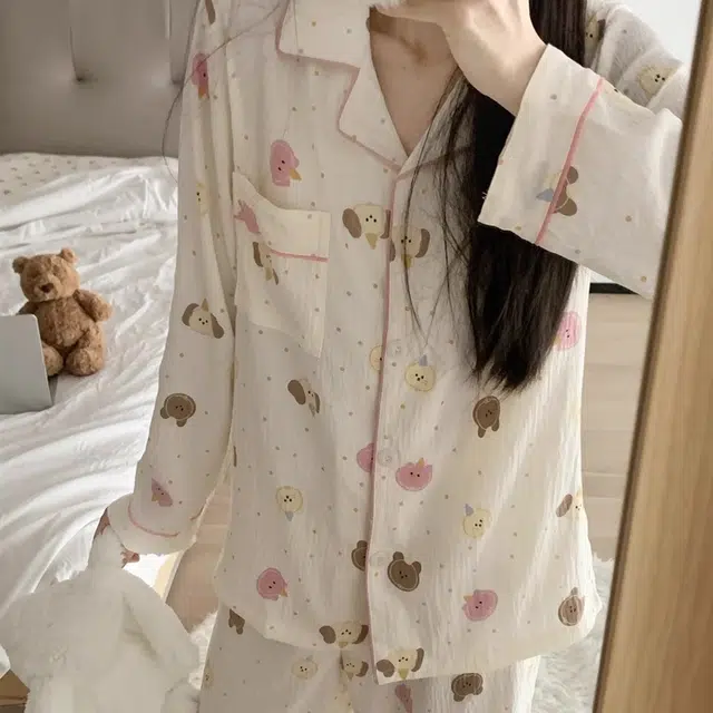 俏韵 翻领卡通小熊春秋季印花长袖长裤甜美可爱薄款家居服可外穿睡衣套装 女款