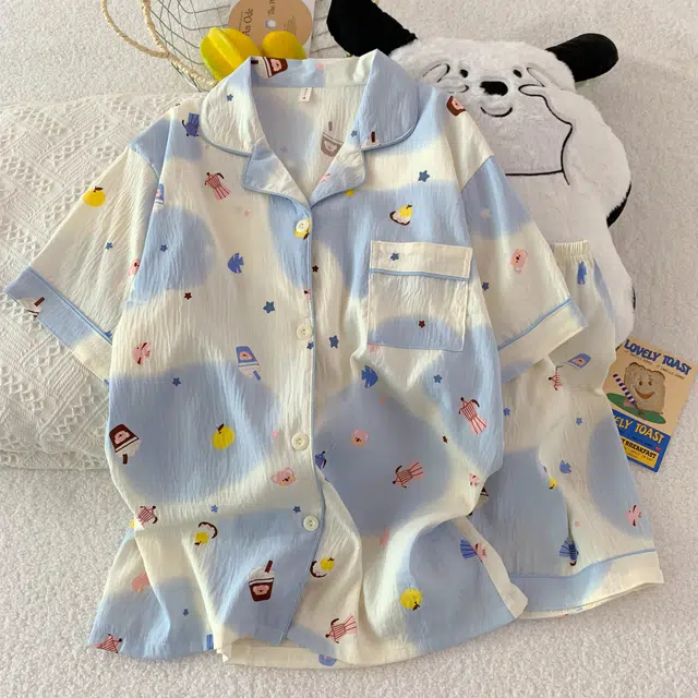 俏韵 翻领卡通夏季云朵棉甜美可爱亲肤短袖短裤薄款家居服可外穿睡衣套装 女款