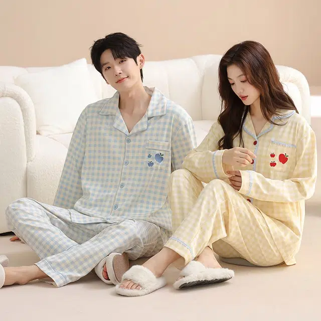 俏韵 翻领卡通苹果春秋季纯棉长袖长裤甜美印花可爱舒适薄款家居服可外穿睡衣套装 女款