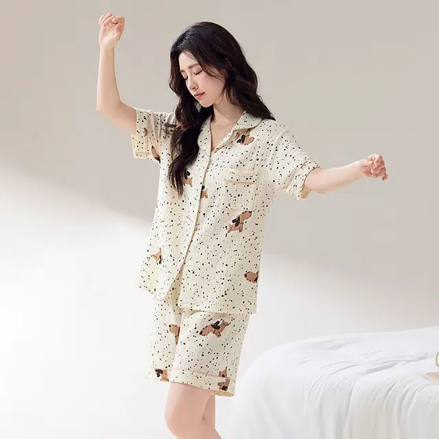 俏韵 翻领夏季纯棉甜美可爱短袖舒适薄款家居服可外穿睡衣套装 女款