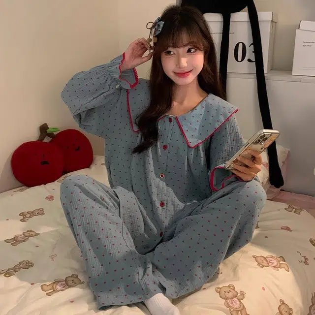 俏韵 波点休闲长袖长裤甜美外穿家居服睡衣套装 女款 蓝色