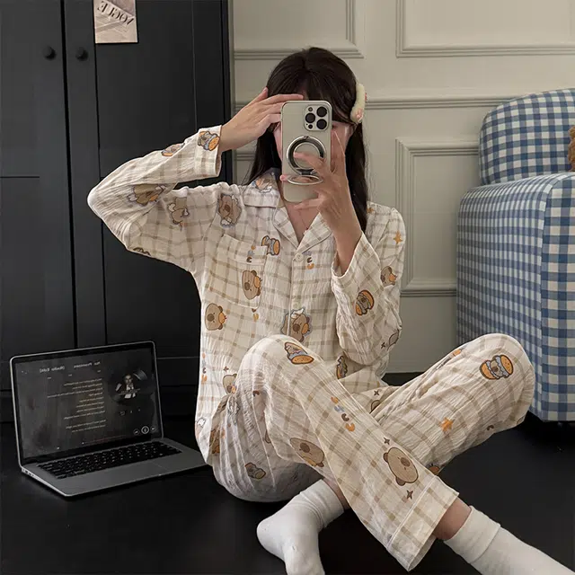俏韵 翻领卡通卡皮巴拉春秋季云朵棉舒适长袖长裤甜美可爱薄款家居服可外穿睡衣套装 女款