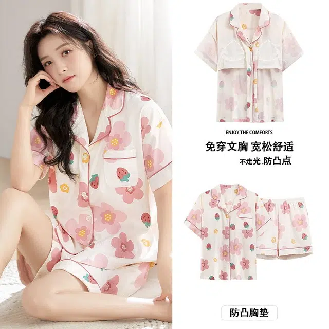 俏韵 翻领甜美舒适短袖三分裤薄款家居服可外穿夏季睡衣套装 女款