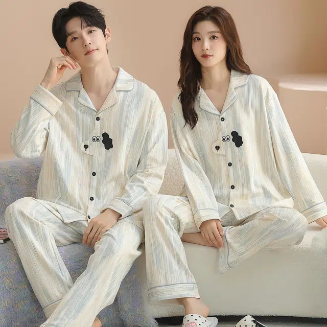 俏韵 翻领卡通春秋季纯棉长袖长裤甜美时尚舒适高级家居服可外穿睡衣套装 男女同款