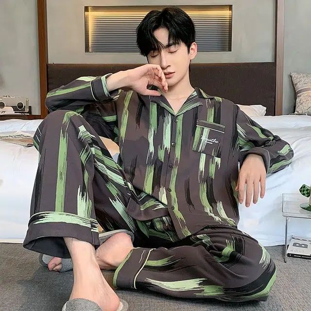 俏韵 翻领春秋季简约印花长袖长裤休闲开衫薄款家居服可外穿睡衣套装 男款