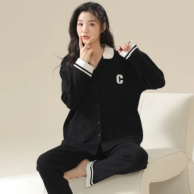 俏韵 翻领春秋季天长袖长裤开衫甜美可爱休闲舒适薄款家居服可外穿睡衣套装 女款