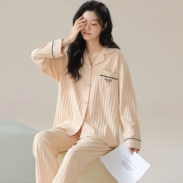 俏韵 翻领春秋季简约条纹长袖开衫甜美可爱休闲舒适薄款家居服可外穿睡衣套装 女款