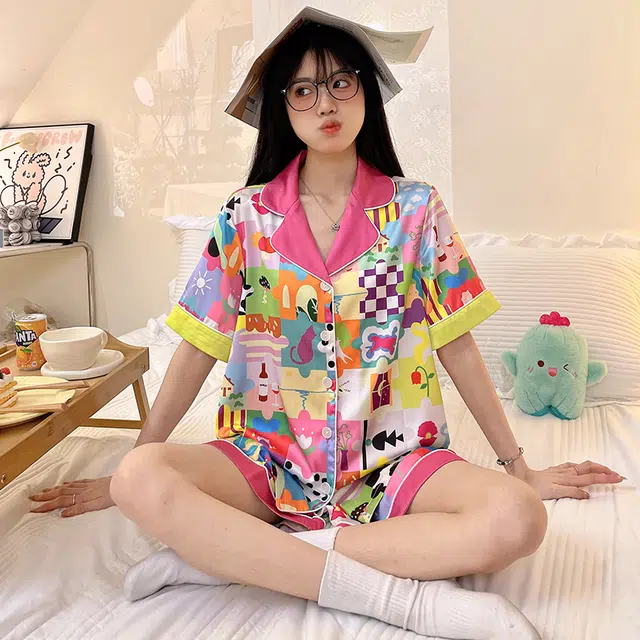 俏韵 多巴胺短袖带胸垫甜美可爱家居服睡衣套装 女款 粉色