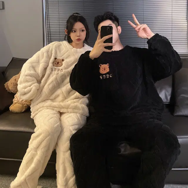 俏韵 简约亲肤舒适加厚卡通可爱小熊套头长袖休闲可外穿长裤睡衣套装 男女同款