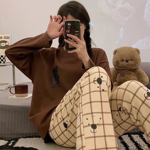 俏韵 圆领春秋季仿棉长袖简约印花休闲甜美薄款舒适家居服可外穿睡衣套装 女款