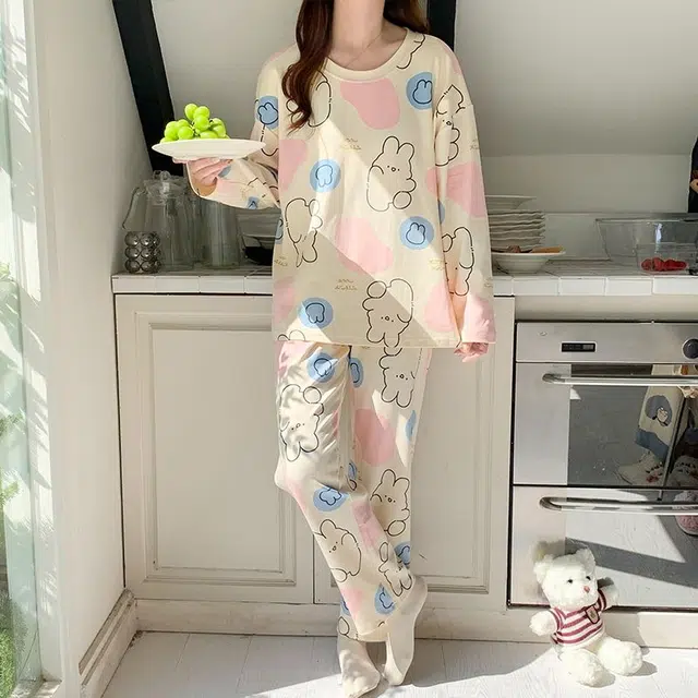 俏韵 圆领卡通春秋季款仿棉长袖甜美休闲家居服可外穿睡衣套装 女款