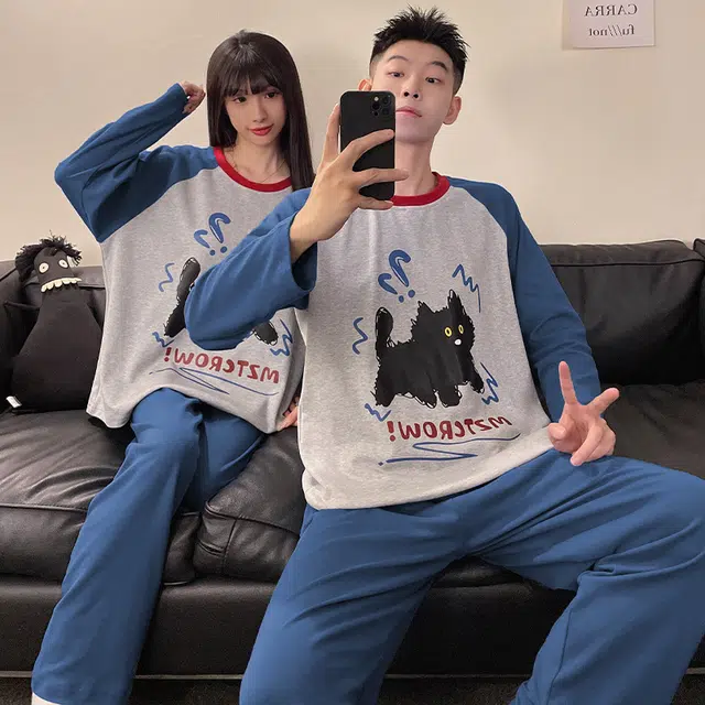 俏韵 圆领卡通春秋季简约长袖长裤甜美印花可爱舒适家居服可外穿睡衣套装 男女同款