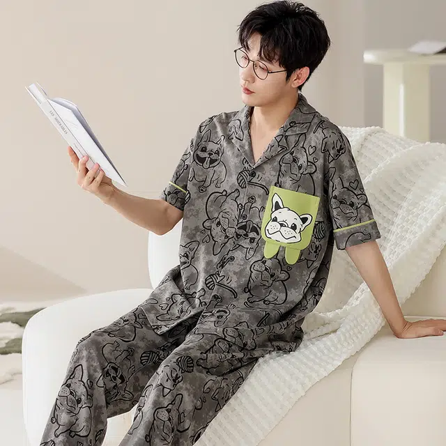 俏韵 翻领卡通动漫简约舒适上衣松紧腰长裤睡衣套装 男款