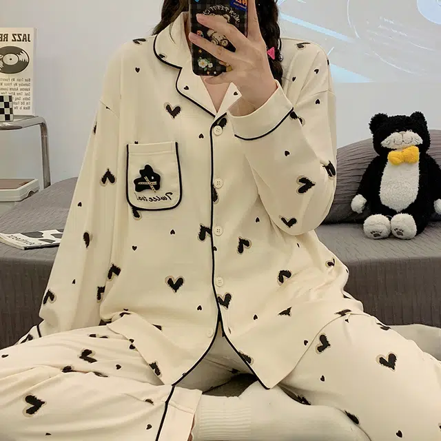 俏韵 翻领春秋季仿棉长袖长裤简约风休闲甜美可爱舒适薄款家居服可外穿睡衣套装 女款