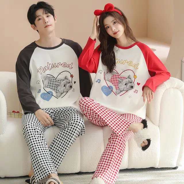 俏韵 圆领卡通春秋季纯棉长袖长裤甜美印花可爱舒适薄款家居服可外穿睡衣套装 男女同款