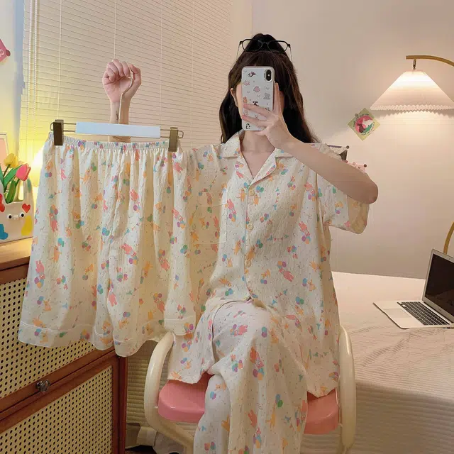 俏韵 翻领卡通短袖三件套开衫宽松甜美家居服可外穿睡衣套装 女款