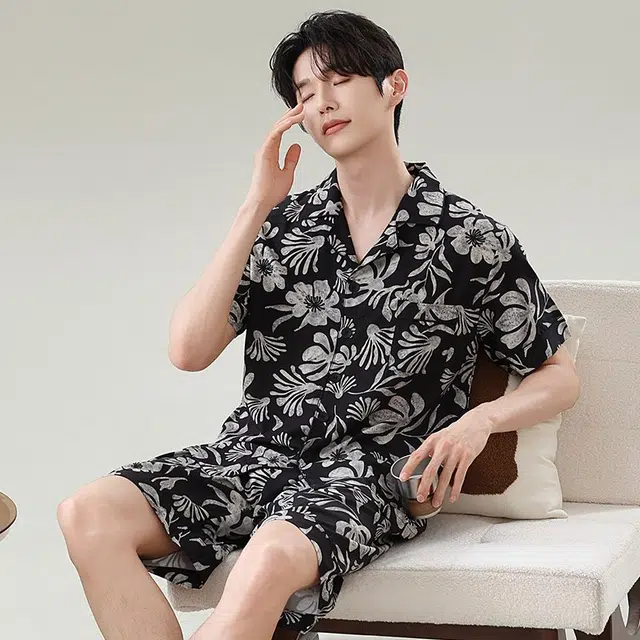 俏韵 翻领夏季冰雪丝短袖短裤宽松时尚简约大码薄款家居服可外穿睡衣套装 男款