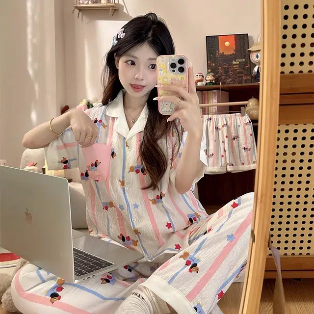 俏韵 翻领卡通凉感薄款短袖舒适家居服可外穿睡衣套装 女款