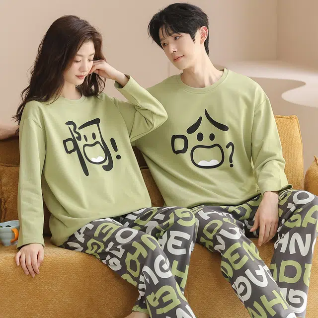 俏韵 圆领卡通春秋季纯棉长袖长裤甜美可爱舒适薄款家居服可外穿睡衣套装 男女同款