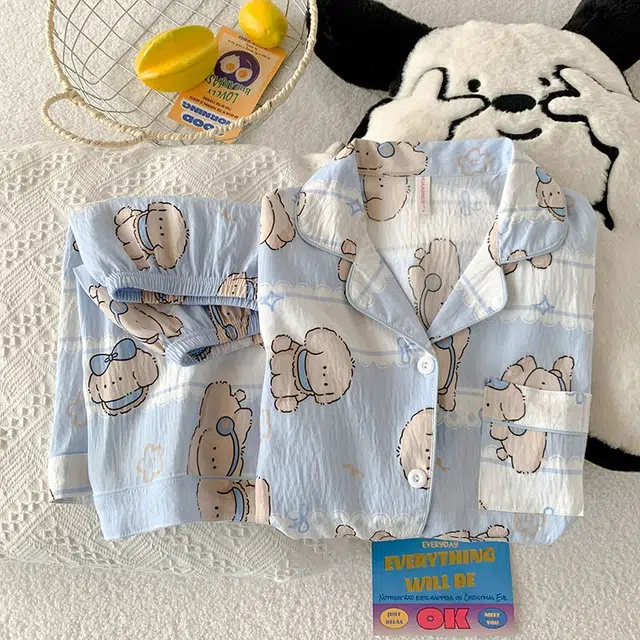 俏韵 翻领卡通夏季云朵棉短袖短裤可爱甜美薄款家居服可外穿睡衣套装 女款