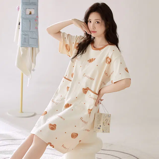 俏韵 圆领夏季简约风薄款舒适休闲家居服可外穿短袖睡裙 女款