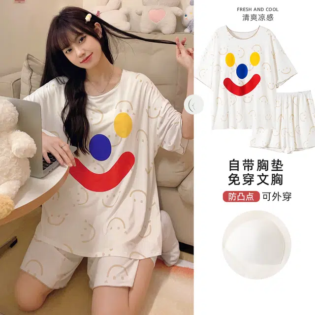 俏韵 可外穿卡通笑脸带胸垫短袖家居服短裤睡衣套装 女款