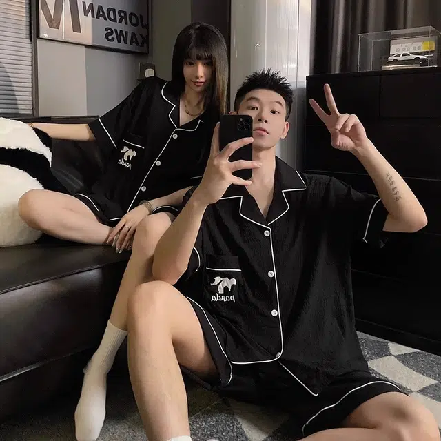 俏韵 翻领熊猫短袖三分裤可爱家居服可外穿夏季睡衣套装 男女同款