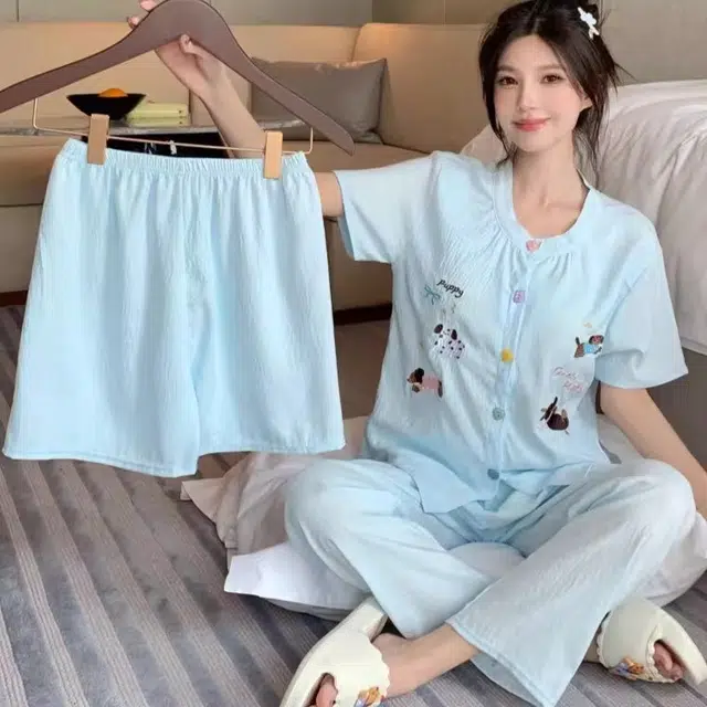 俏韵 圆领带胸垫短袖卡通家居服可外穿睡衣套装 女款