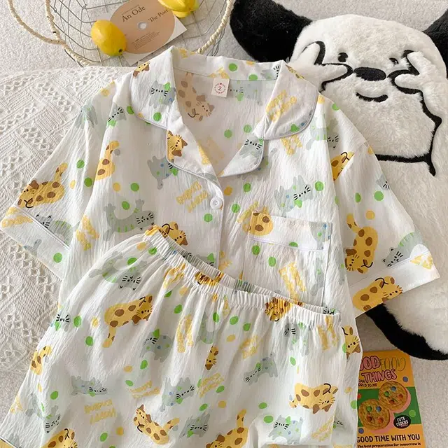 俏韵 翻领卡通猫咪夏季云朵棉可爱甜美短袖短裤薄款舒适家居服可外穿睡衣套装 女款