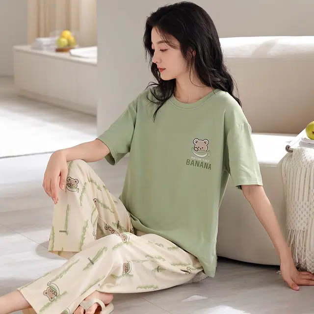 俏韵 圆领卡通夏季款舒适纯棉短袖长裤带胸垫甜美薄款凉感家居服可外穿睡衣套装 女款