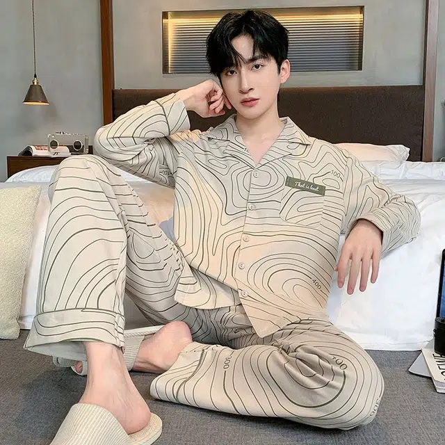 俏韵 翻领春秋季简约风印花长袖长裤休闲开衫薄款家居服可外穿睡衣套装 男款