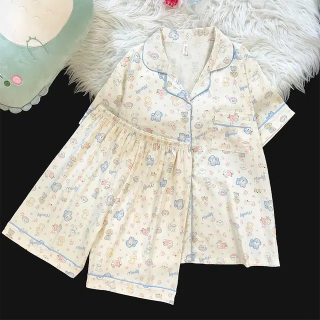 俏韵 翻领卡通狗狗夏季云朵棉甜美可爱亲肤短袖短裤薄款家居服可外穿睡衣套装 女款