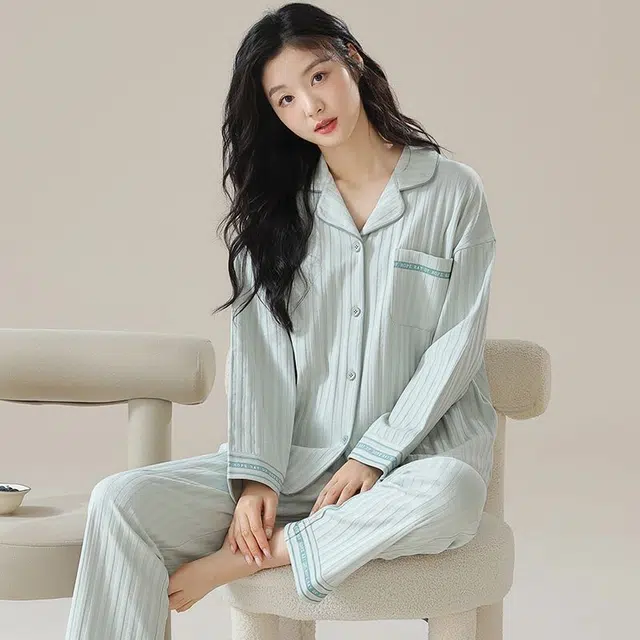 俏韵 翻领春秋季简约风长袖长裤开衫甜美可爱休闲舒适薄款家居服可外穿睡衣套装 女款