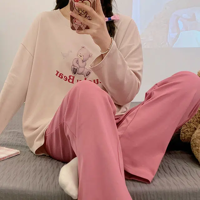 俏韵 圆领春秋季款仿棉长袖简约印花休闲甜美可爱薄款舒适家居服可外穿睡衣套装 女款