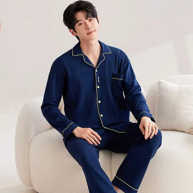 俏韵 翻领春秋季开衫长袖长裤休闲简约风宽松舒适薄款家居服可外穿睡衣套装 男款
