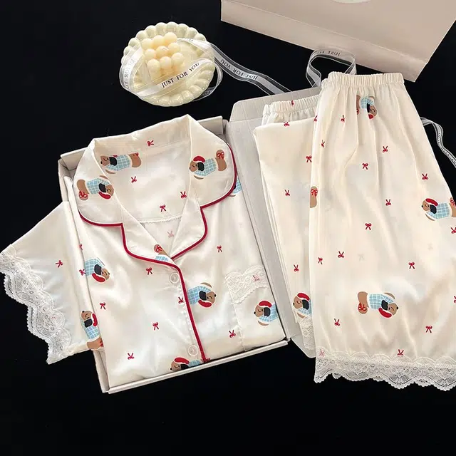 俏韵 翻领卡通腊肠狗夏季冰雪丝舒适可爱甜美短袖三件套薄款家居服可外穿睡衣套装 女款